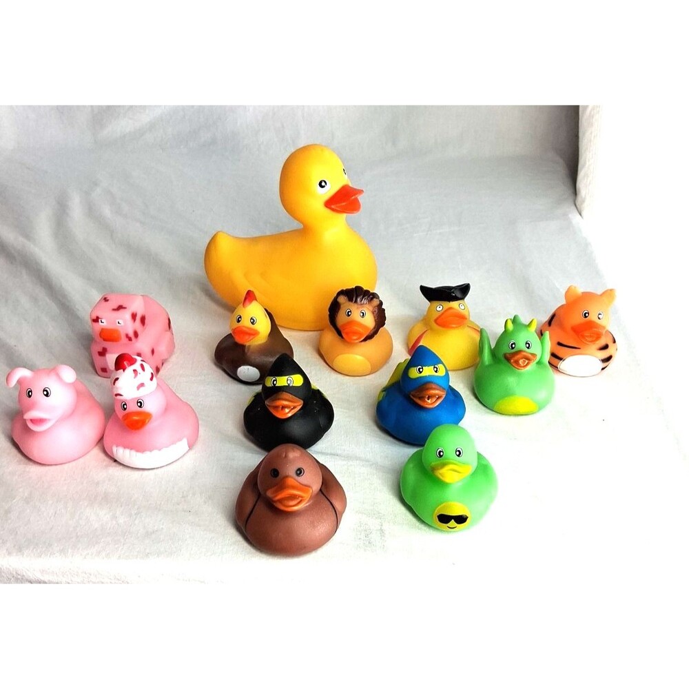Lot Of 13 Rubber Ducks Toys Colorful ASSORTED Jeep Duckie Bath Novelty